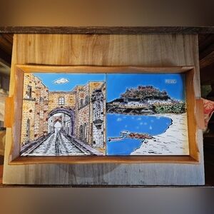 Vintage 60s Handmade Wooden Serving Tray with Inlaid Handpainted Ceramic Tiles